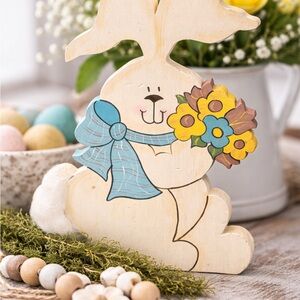 Wood Easter Bunny Decor Hand Painted Floral Bow Rustic Farmhouse Spring